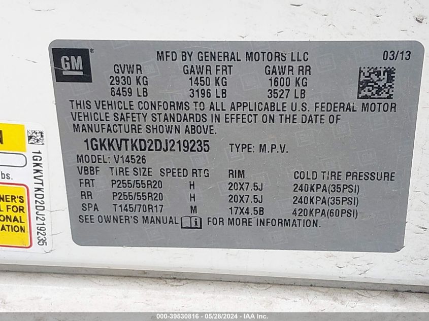 2013 GMC Acadia Denali VIN: 1GKKVTKD2DJ219235 Lot: 39530816