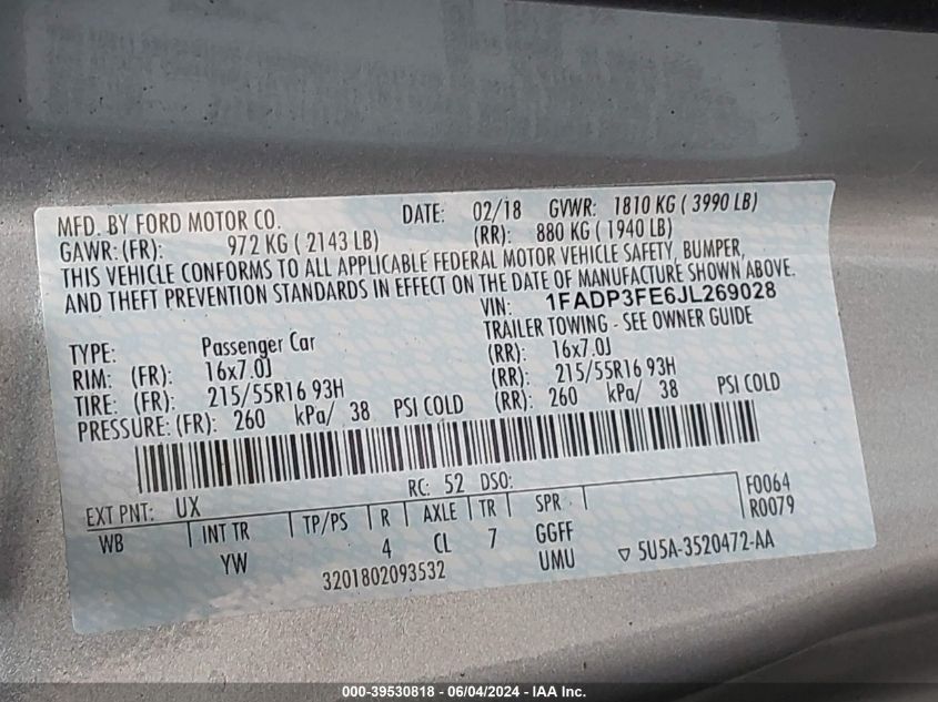 2018 Ford Focus Se VIN: 1FADP3FE6JL269028 Lot: 39530818