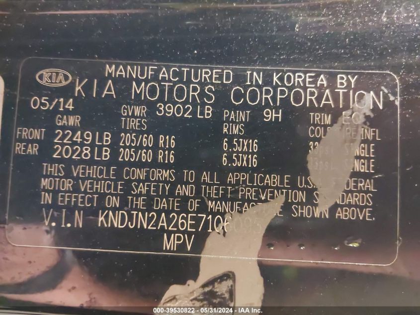 2014 Kia Soul VIN: KNDJN2A26E7106095 Lot: 39530822