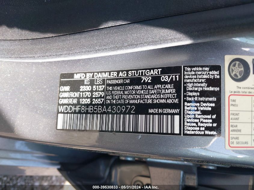 2011 Mercedes-Benz E 350 4Matic VIN: WDDHF8HB5BA430972 Lot: 39530833