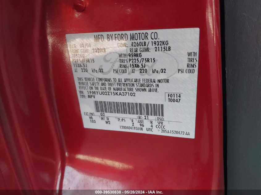 2005 Ford Escape Xls VIN: 1FMYU02Z15KA37102 Lot: 39530838