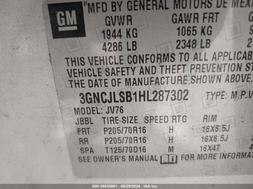 2017 Chevrolet Trax Lt VIN: 3GNCJLSB1HL287302 Lot: 39530861