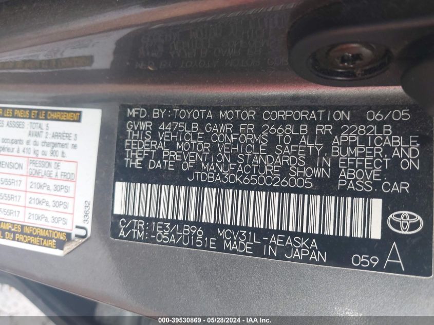 2005 Toyota Camry Se V6 VIN: JTDBA30K650026005 Lot: 39530869