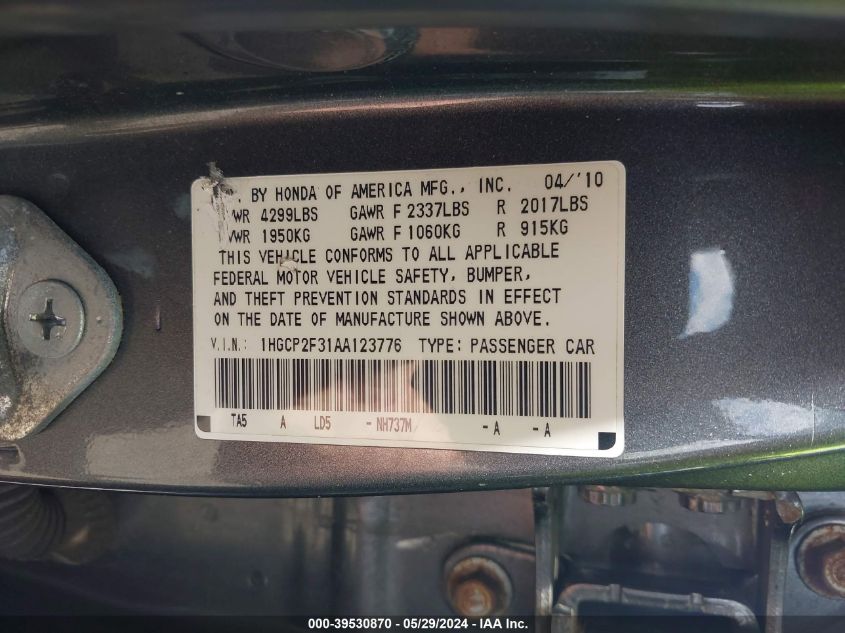 2010 Honda Accord 2.4 Lx VIN: 1HGCP2F31AA123776 Lot: 39530870