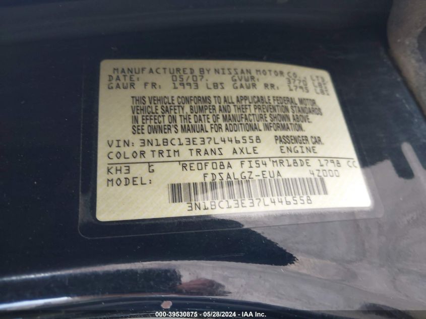 3N1BC13E37L446558 | 2007 NISSAN VERSA