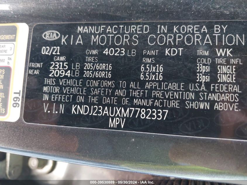 2021 Kia Soul S VIN: KNDJ23AUXM7782337 Lot: 39530889