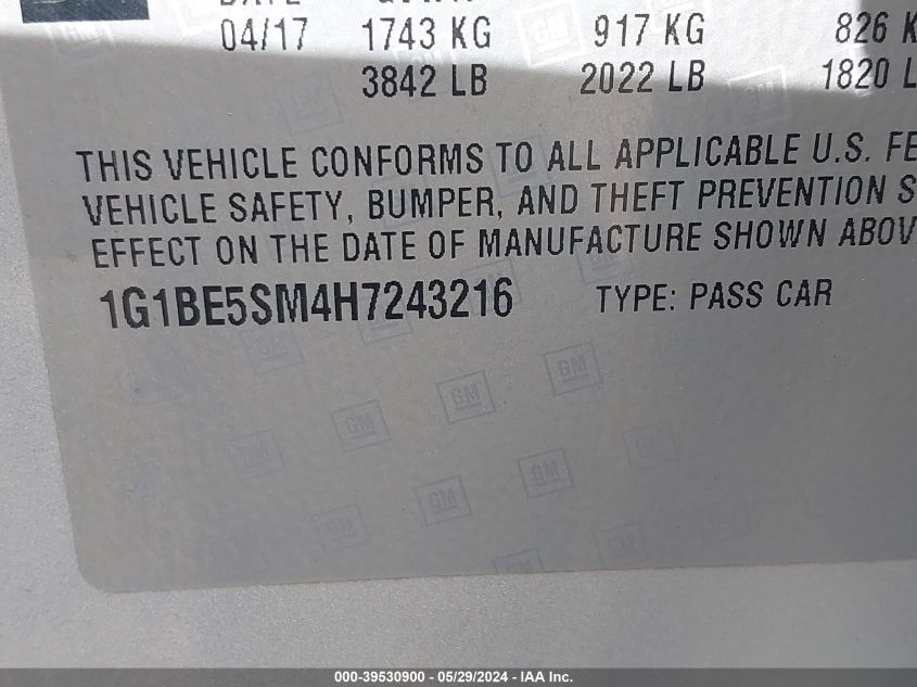 2017 Chevrolet Cruze Lt Auto VIN: 1G1BE5SM4H7243216 Lot: 39530900