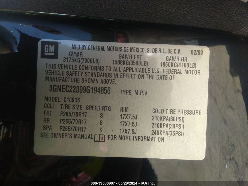 2009 Chevrolet Avalanche 1500 Lt1 VIN: 3GNEC22099G194856 Lot: 39530907