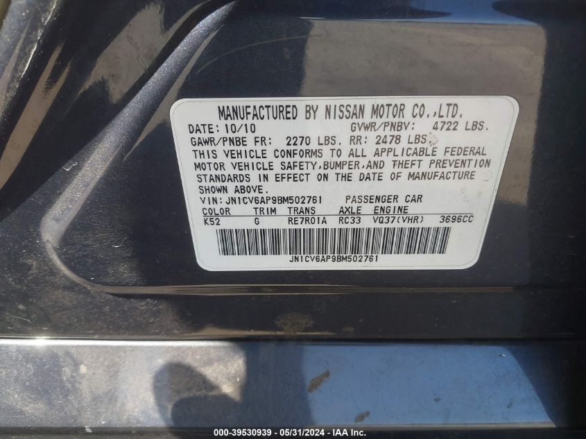 2011 Infiniti G37 Journey VIN: JN1CV6AP9BM502761 Lot: 39530939