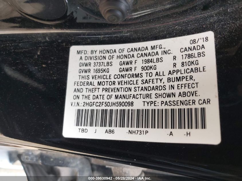 2018 Honda Civic Lx VIN: 2HGFC2F50JH590098 Lot: 39530942