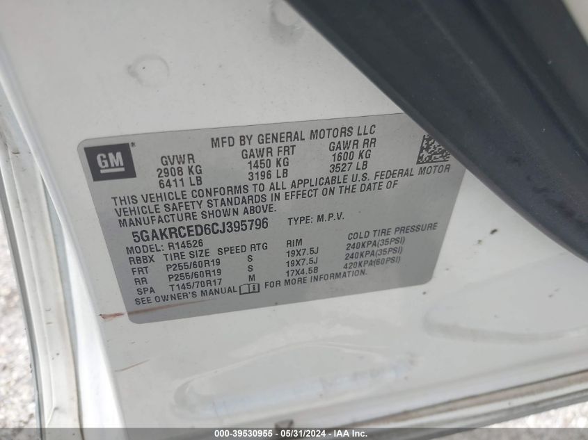 2012 Buick Enclave Leather VIN: 5GAKRCED6CJ395796 Lot: 39530955