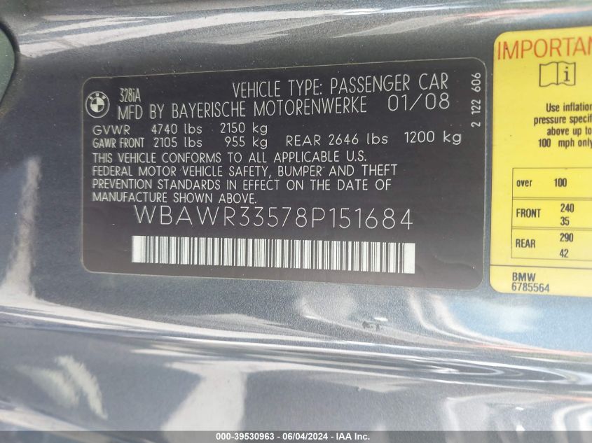 2008 BMW 328I VIN: WBAWR33578P151684 Lot: 39530963