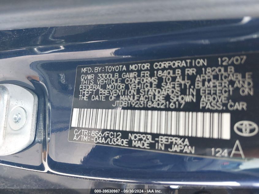 2008 Toyota Yaris VIN: JTDBT923184021617 Lot: 39530987