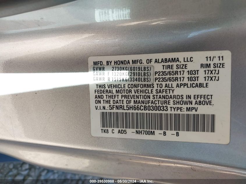 2012 Honda Odyssey Ex-L VIN: 5FNRL5H66CB030033 Lot: 39530988