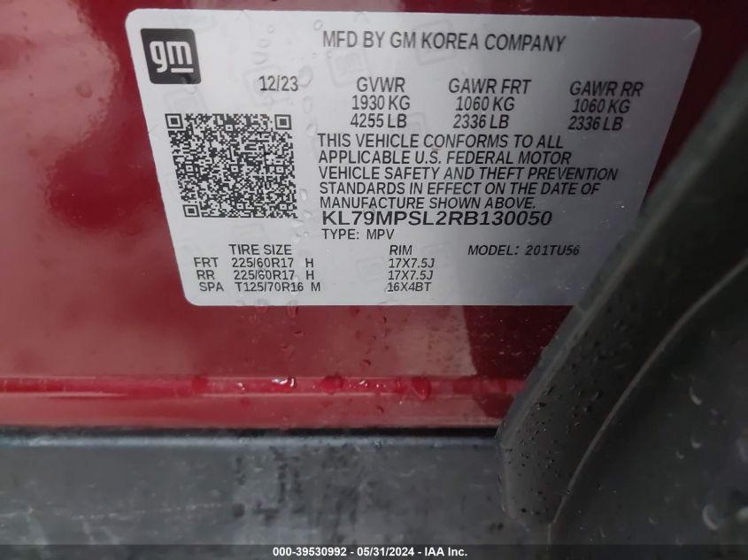 2024 Chevrolet Trailblazer Fwd Lt VIN: KL79MPSL2RB130050 Lot: 39530992