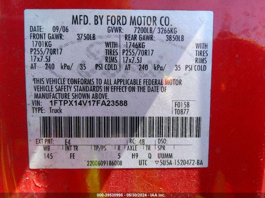2007 Ford F-150 Fx4/Lariat/Xl/Xlt VIN: 1FTPX14V17FA23588 Lot: 39530995