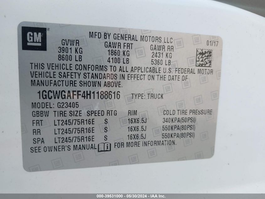 2017 Chevrolet Express 2500 Work Van VIN: 1GCWGAFF4H1188616 Lot: 39531000