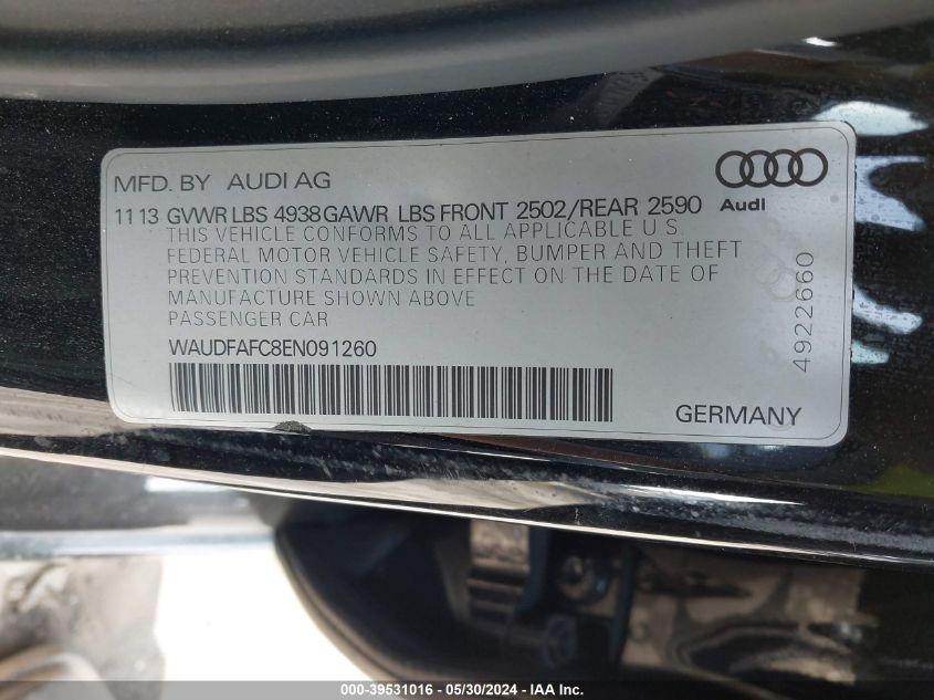 2014 Audi A6 2.0T Premium VIN: WAUDFAFC8EN091260 Lot: 39531016