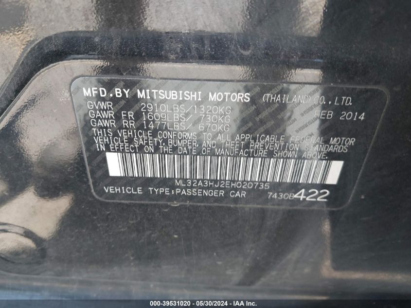 2014 Mitsubishi Mirage De VIN: ML32A3HJ2EH020735 Lot: 39531020