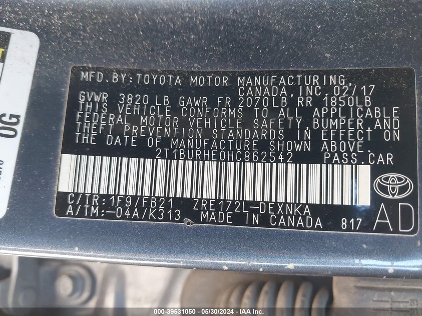 2017 Toyota Corolla Le VIN: 2T1BURHE0HC862542 Lot: 39531050