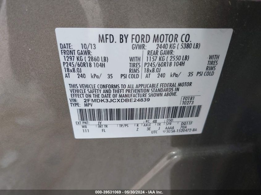 2013 Ford Edge Sel VIN: 2FMDK3JCXDBE24839 Lot: 39531069