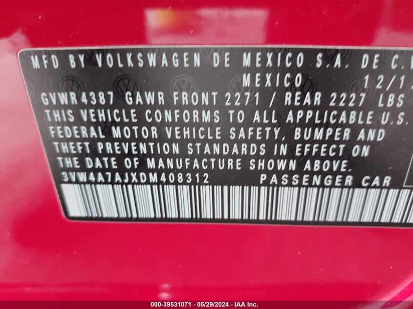 2013 Volkswagen Jetta Gli Autobahn VIN: 3VW4A7AJXDM408312 Lot: 39531071