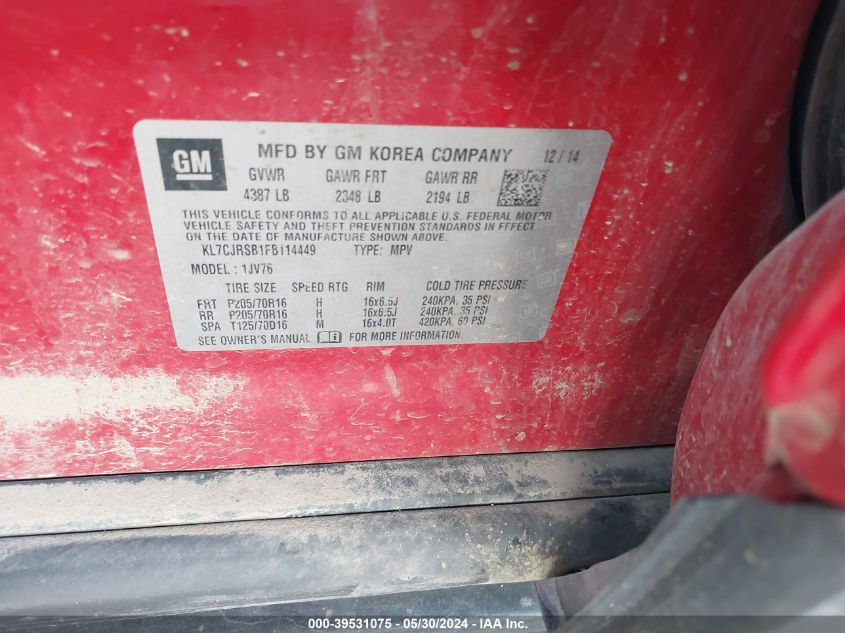 2015 Chevrolet Trax Lt VIN: KL7CJRSB1FB114449 Lot: 39531075