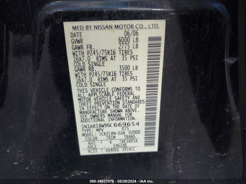 2006 Nissan Pathfinder S VIN: 5N1AR18W96C669654 Lot: 39531076