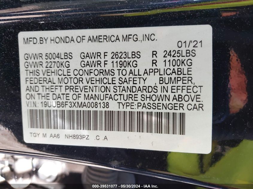2021 Acura Tlx Standard VIN: 19UUB6F3XMA008138 Lot: 39531077