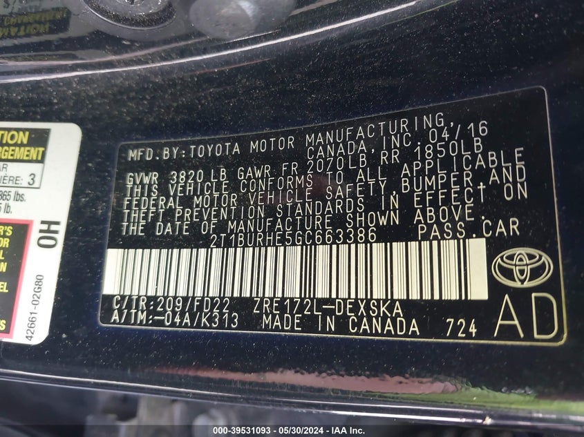 2016 Toyota Corolla S Plus VIN: 2T1BURHE5GC663386 Lot: 39531093