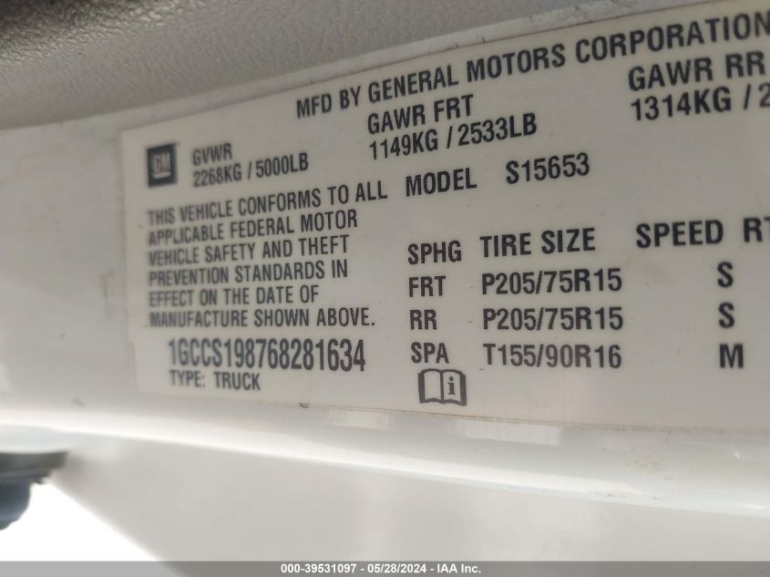 2006 Chevrolet Colorado Work Truck VIN: 1GCCS198768281634 Lot: 39531097