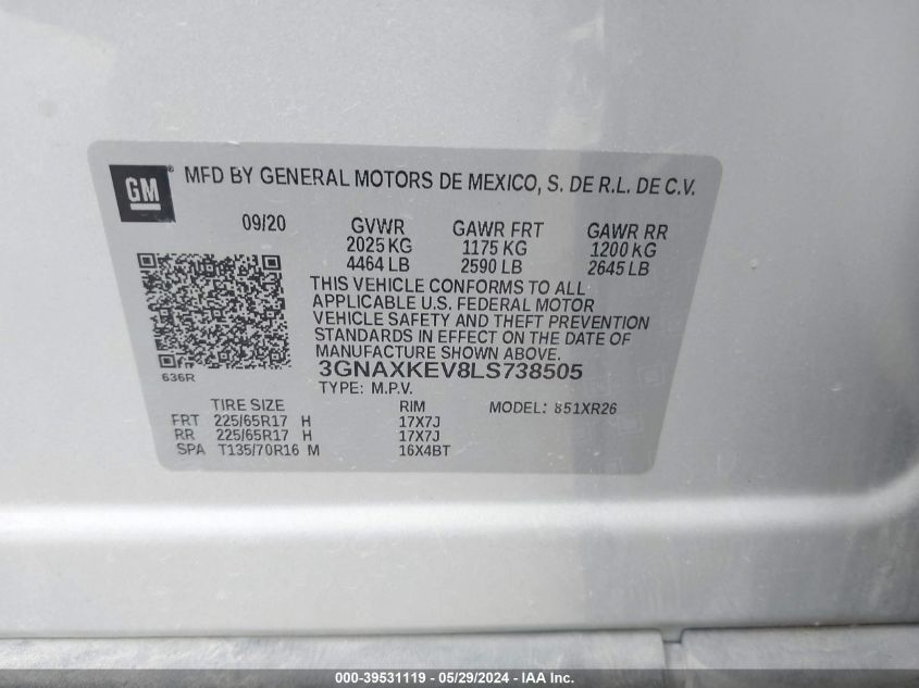 2020 Chevrolet Equinox Fwd Lt 1.5L Turbo VIN: 3GNAXKEV8LS738505 Lot: 39531119