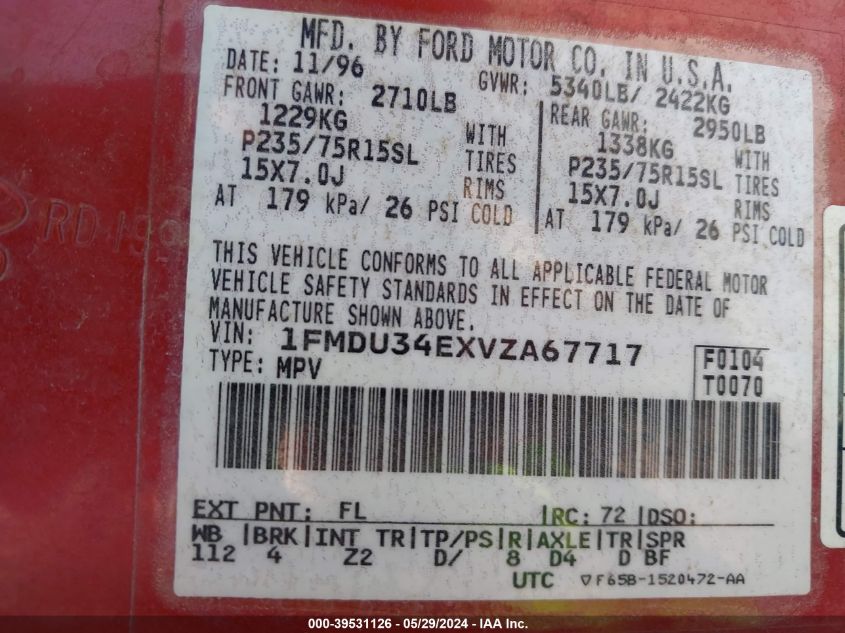 1997 Ford Explorer Eddie Bauer/Limited/Xl/Xlt VIN: 1FMDU34EXVZA67717 Lot: 39531126