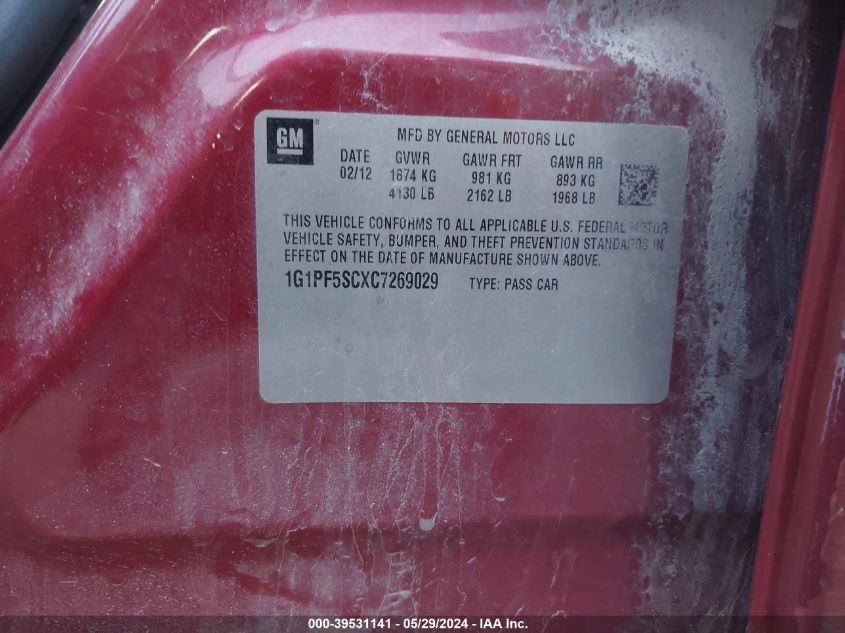 2012 Chevrolet Cruze 1Lt VIN: 1G1PF5SCXC7269029 Lot: 39531141