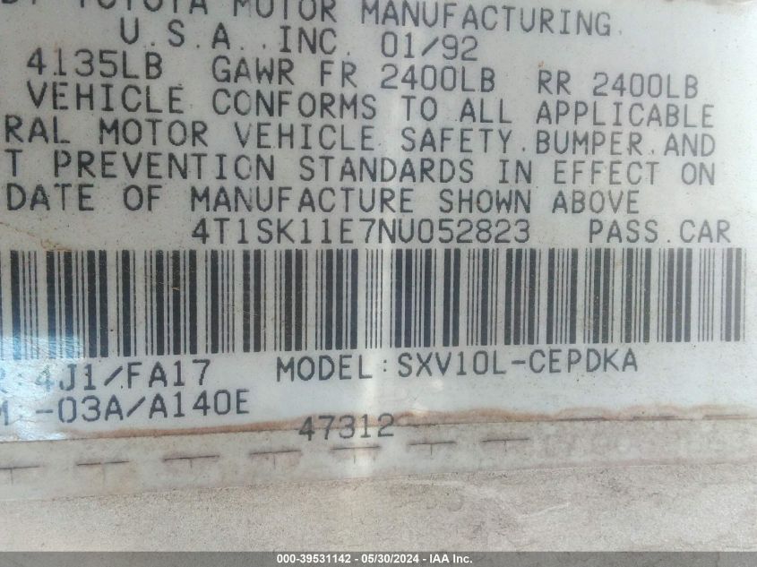 1992 Toyota Camry Dlx VIN: 4T1SK11E7NU052823 Lot: 39531142