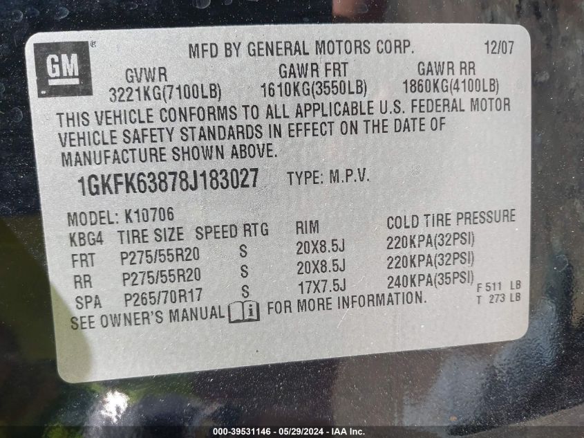 2008 GMC Yukon Denali VIN: 1GKFK63878J183027 Lot: 39531146