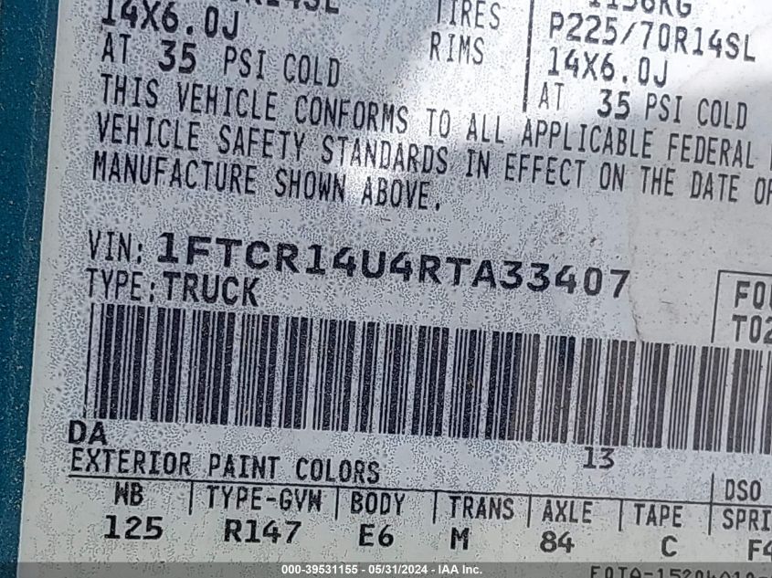 1994 Ford Ranger Super Cab VIN: 1FTCR14U4RTA33407 Lot: 39531155