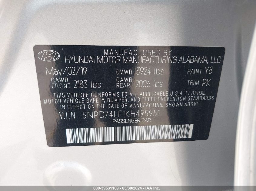 2019 Hyundai Elantra Se VIN: 5NPD74LF1KH495951 Lot: 39531169