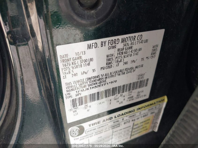 2014 Ford Expedition El Xlt VIN: 1FMJK1H50EEF11976 Lot: 39531176