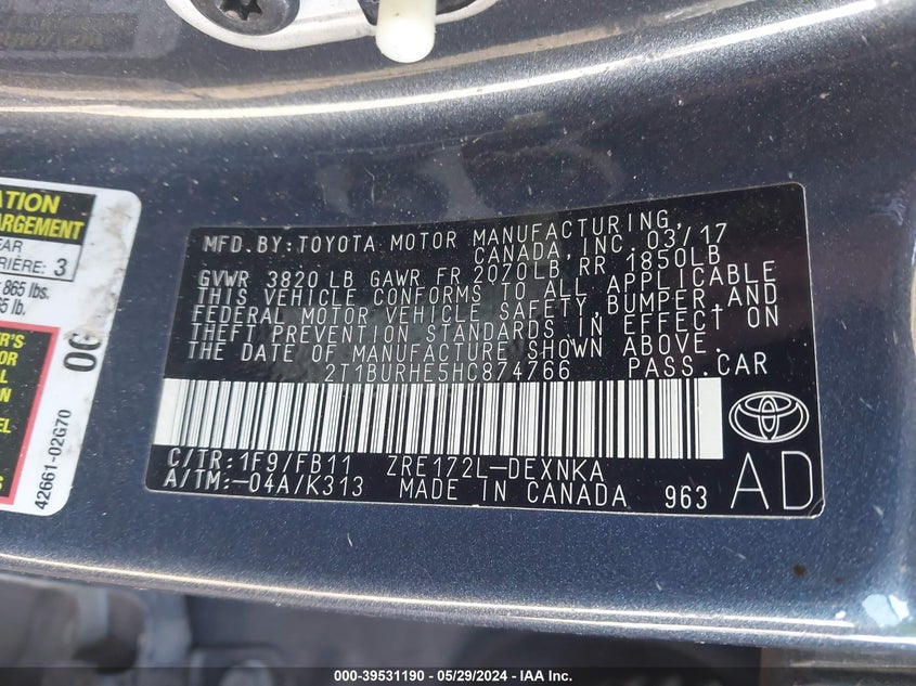 2017 Toyota Corolla Le VIN: 2T1BURHE5HC874766 Lot: 39531190