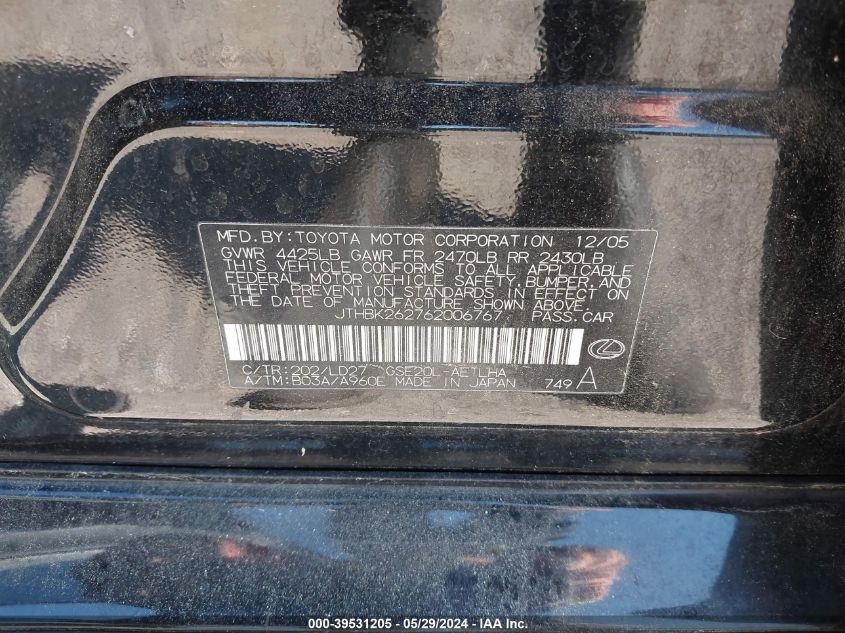 2006 Lexus Is 250 VIN: JTHBK262762006767 Lot: 39531205