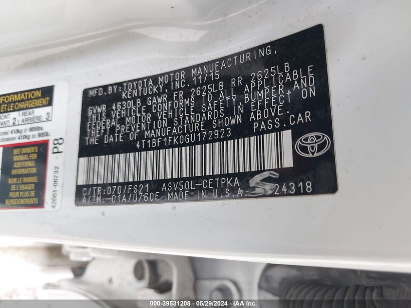 2016 Toyota Camry Se VIN: 4T1BF1FK0GU172923 Lot: 39531208