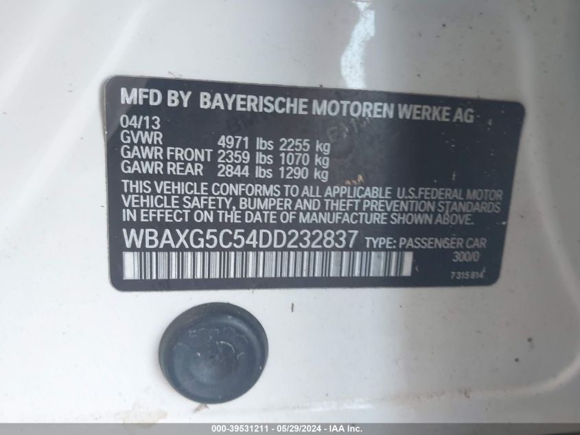 2013 BMW 528I VIN: WBAXG5C54DD232837 Lot: 39531211