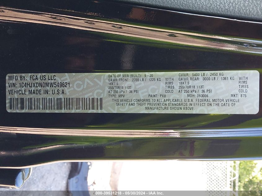 2021 Jeep Wrangler Unlimited 80Th Anniversary 4X4 VIN: 1C4HJXDN0MW549621 Lot: 39531218