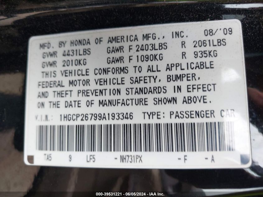 2009 Honda Accord 2.4 Ex VIN: 1HGCP26799A193346 Lot: 39531221