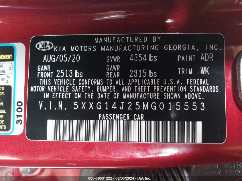 2021 Kia K5 Lxs VIN: 5XXG14J25MG015553 Lot: 39531222