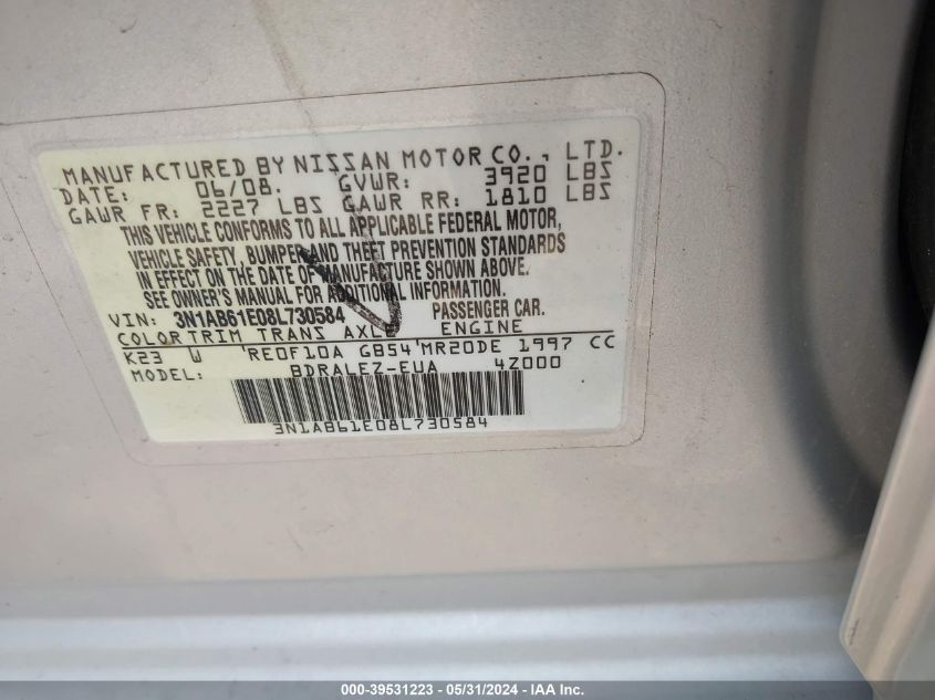 2008 Nissan Sentra 2.0S VIN: 3N1AB61E08L730584 Lot: 39531223