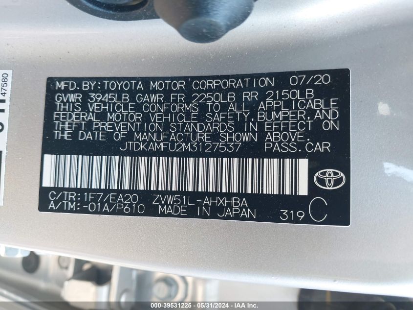 2021 Toyota Prius Xle VIN: JTDKAMFU2M3127537 Lot: 39531225