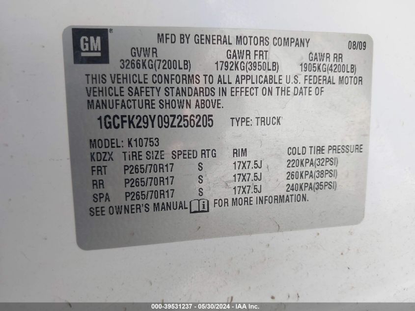 2009 Chevrolet Silverado 1500 Lt VIN: 1GCFK29Y09Z256205 Lot: 39531237