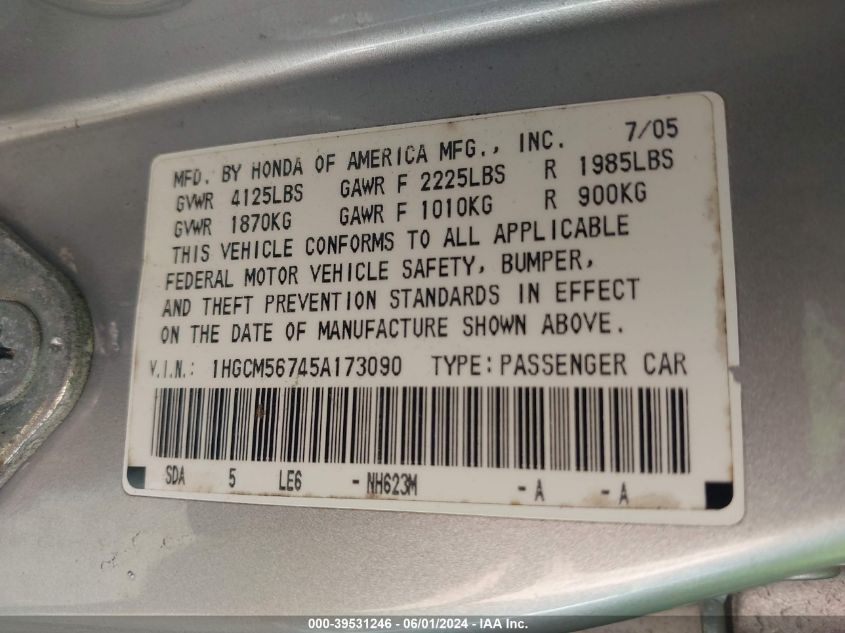 2005 Honda Accord 2.4 Ex VIN: 1HGCM56745A173090 Lot: 39531246